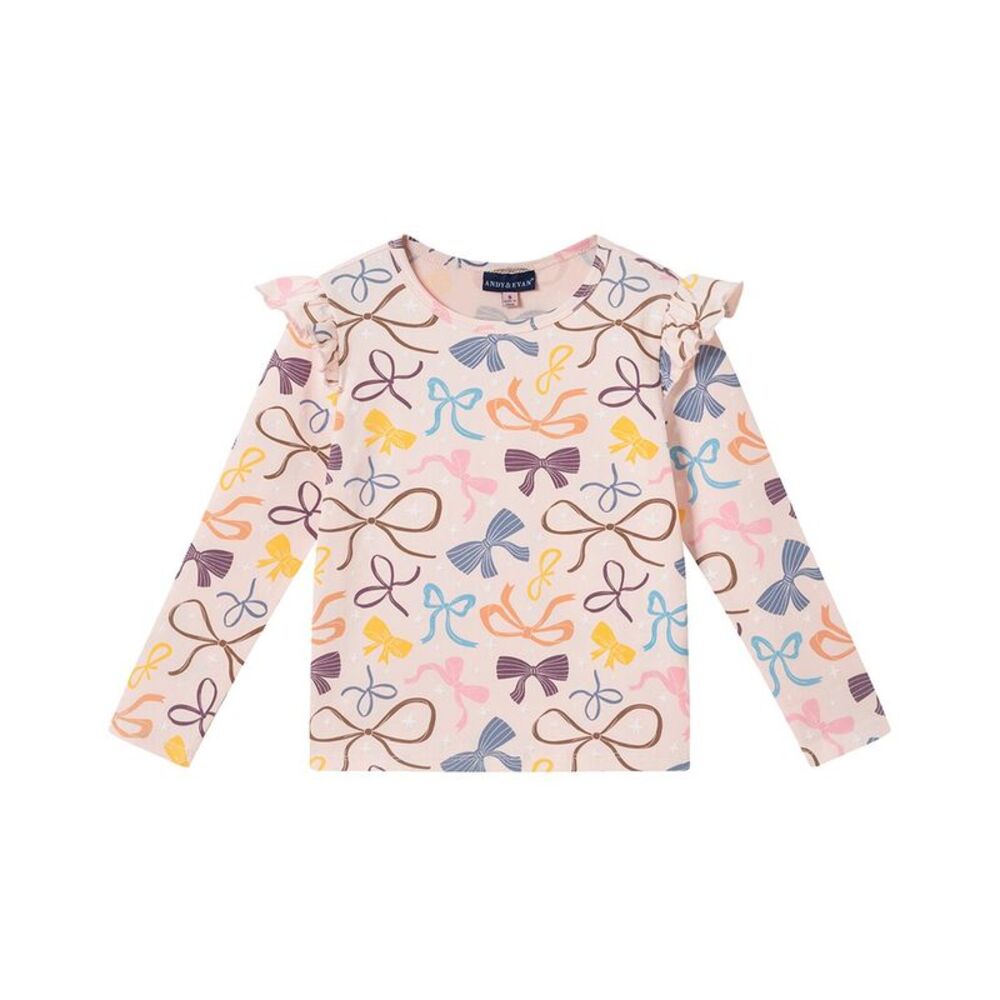 Andy & Evan Girls  Bow Print Ruffle Shoulder T-Shirt, Pink